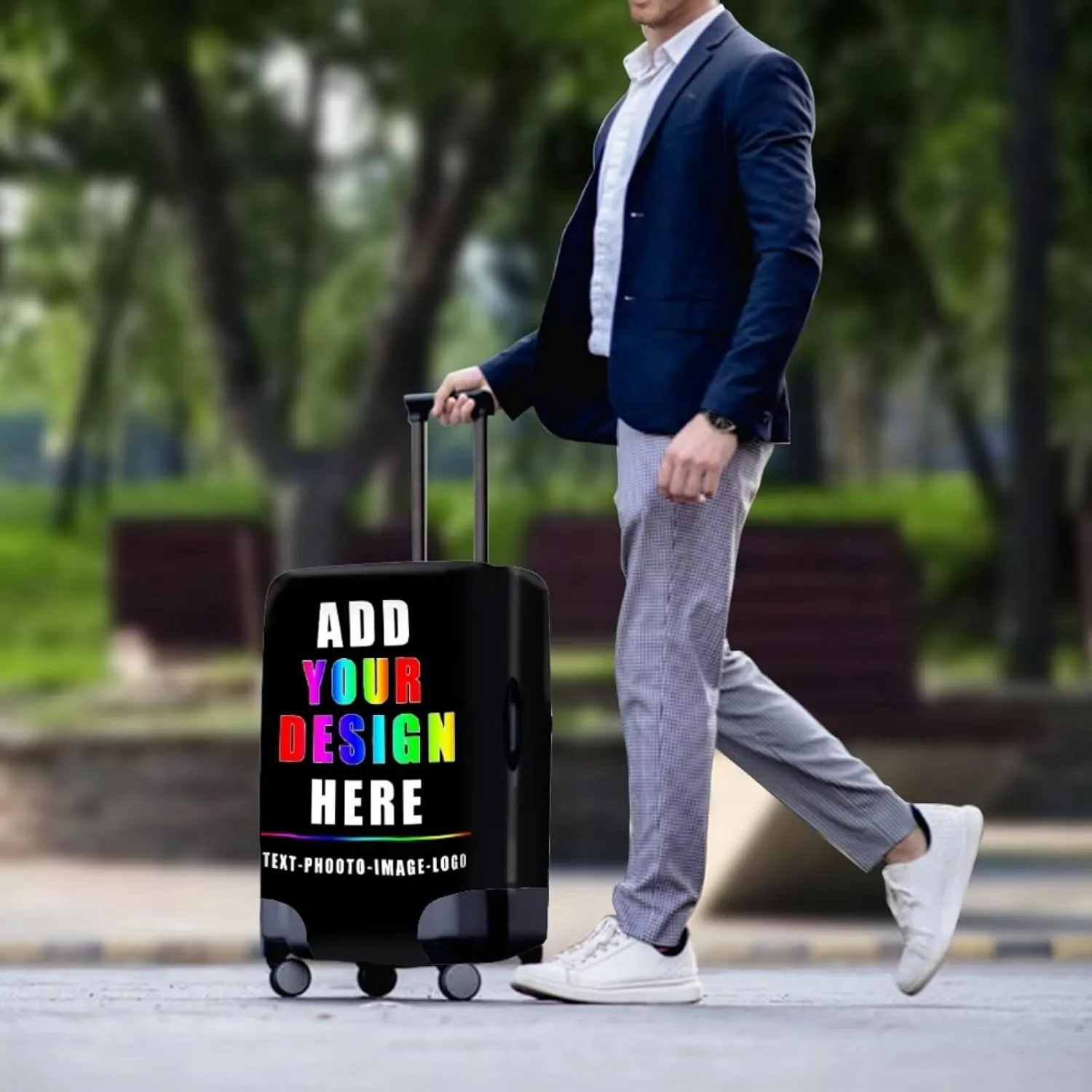 Bigcardesigns Custom Luggage Cover for Travel Personalized Luggage Cover Customize Your Photo Text Logo Name Elastic Baggage Covers Washable Suitcase Sleeve Protector for Women Men