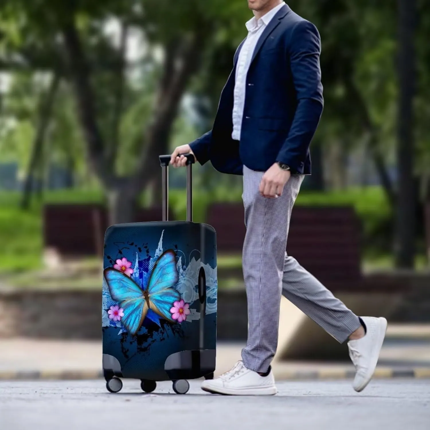 Bigcardesigns Custom Travel Luggage Covers Fit 18-32 Inch,Blue Butterfly Luggage Protector Add Your Name Text Suitcase Covers Washable Personalized Gifts