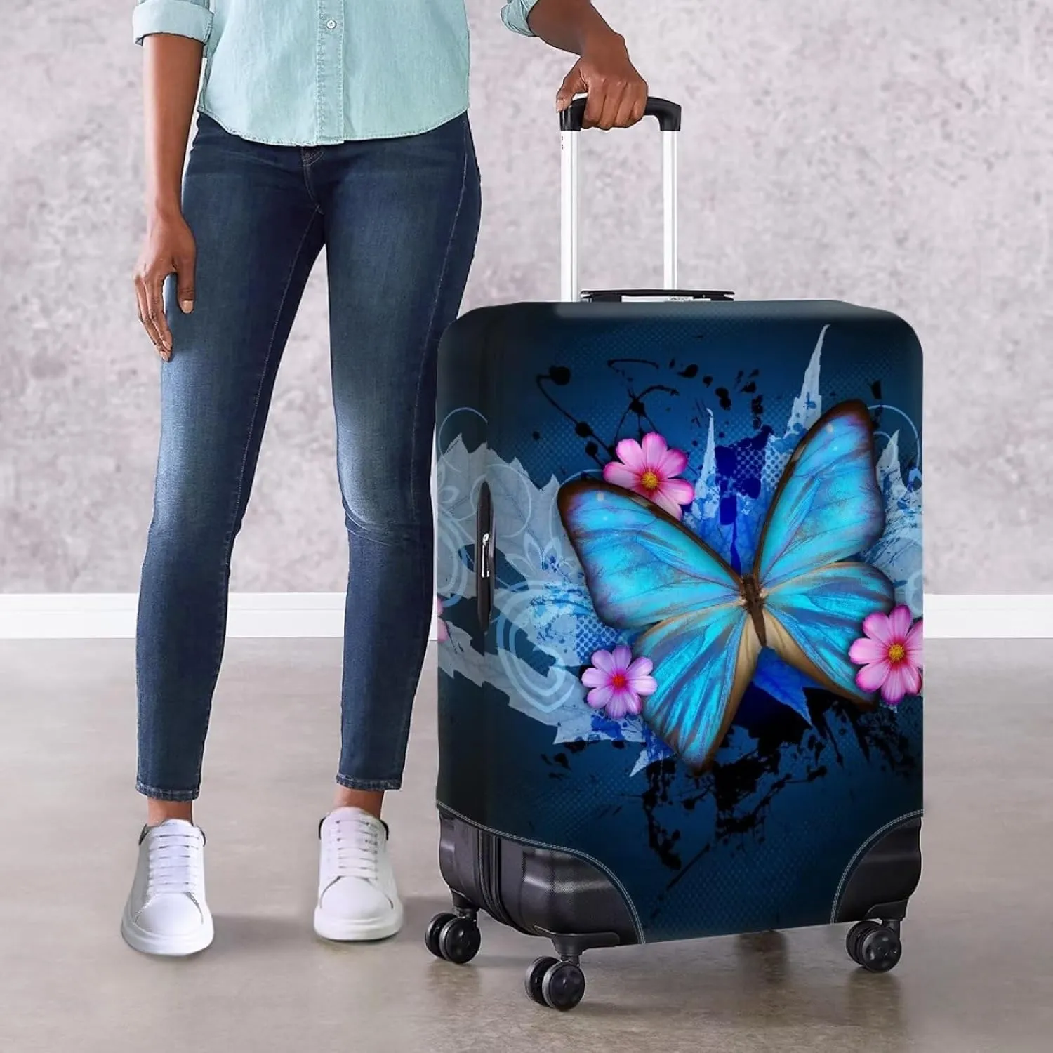 Bigcardesigns Custom Travel Luggage Covers Fit 18-32 Inch,Blue Butterfly Luggage Protector Add Your Name Text Suitcase Covers Washable Personalized Gifts