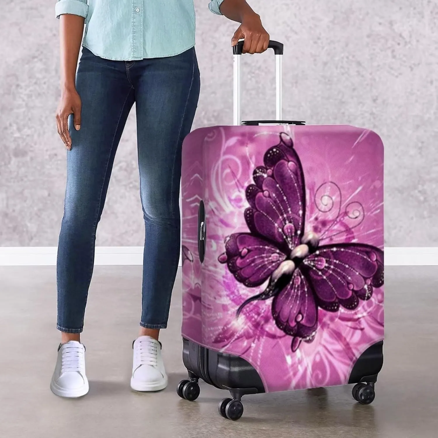 Bigcardesigns Pink Butterfly Travel Luggage Covers for Women Girls Novelty Gifts,Add Your Text Name Design Suitcase Baggage Protector Custom Design Luggage Cover
