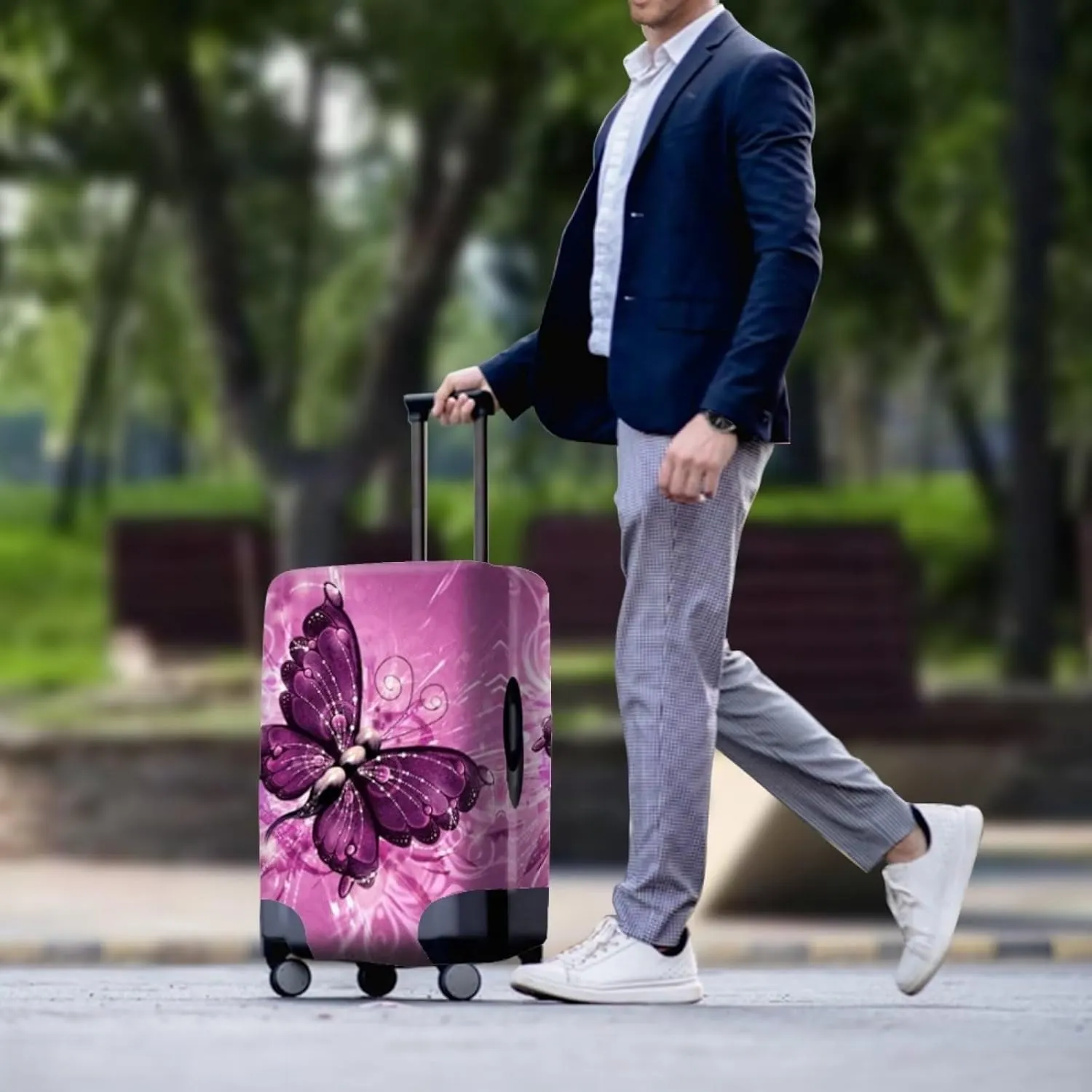 Bigcardesigns Pink Butterfly Travel Luggage Covers for Women Girls Novelty Gifts,Add Your Text Name Design Suitcase Baggage Protector Custom Design Luggage Cover