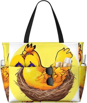 Bird's Nest Golden Chicken Print 28L Beach Tote Bag, Water-resistant Travel Tote, Lightweight Gym & Camping Carryall
