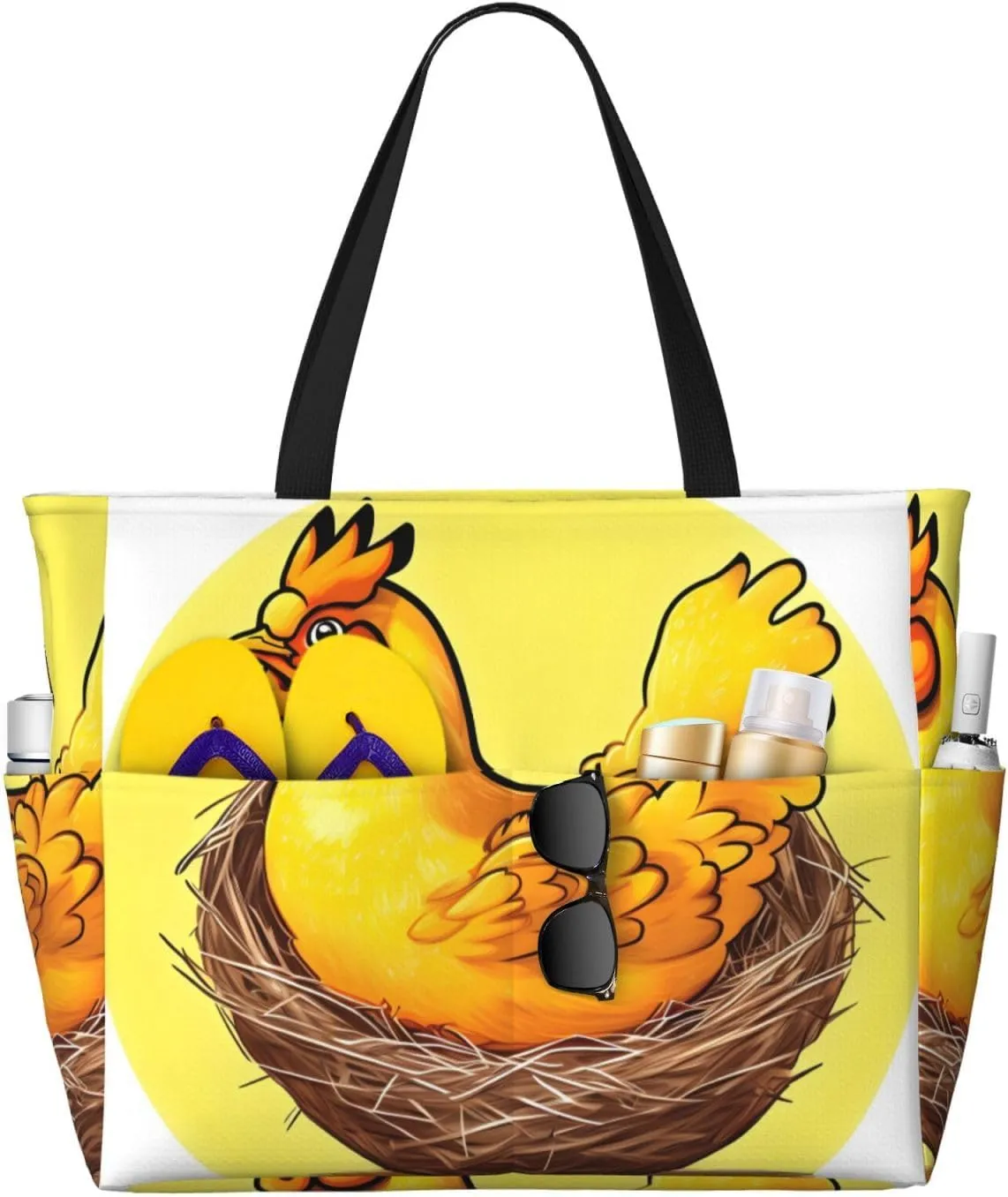 Bird's Nest Golden Chicken Print 28L Beach Tote Bag, Water-resistant Travel Tote, Lightweight Gym & Camping Carryall
