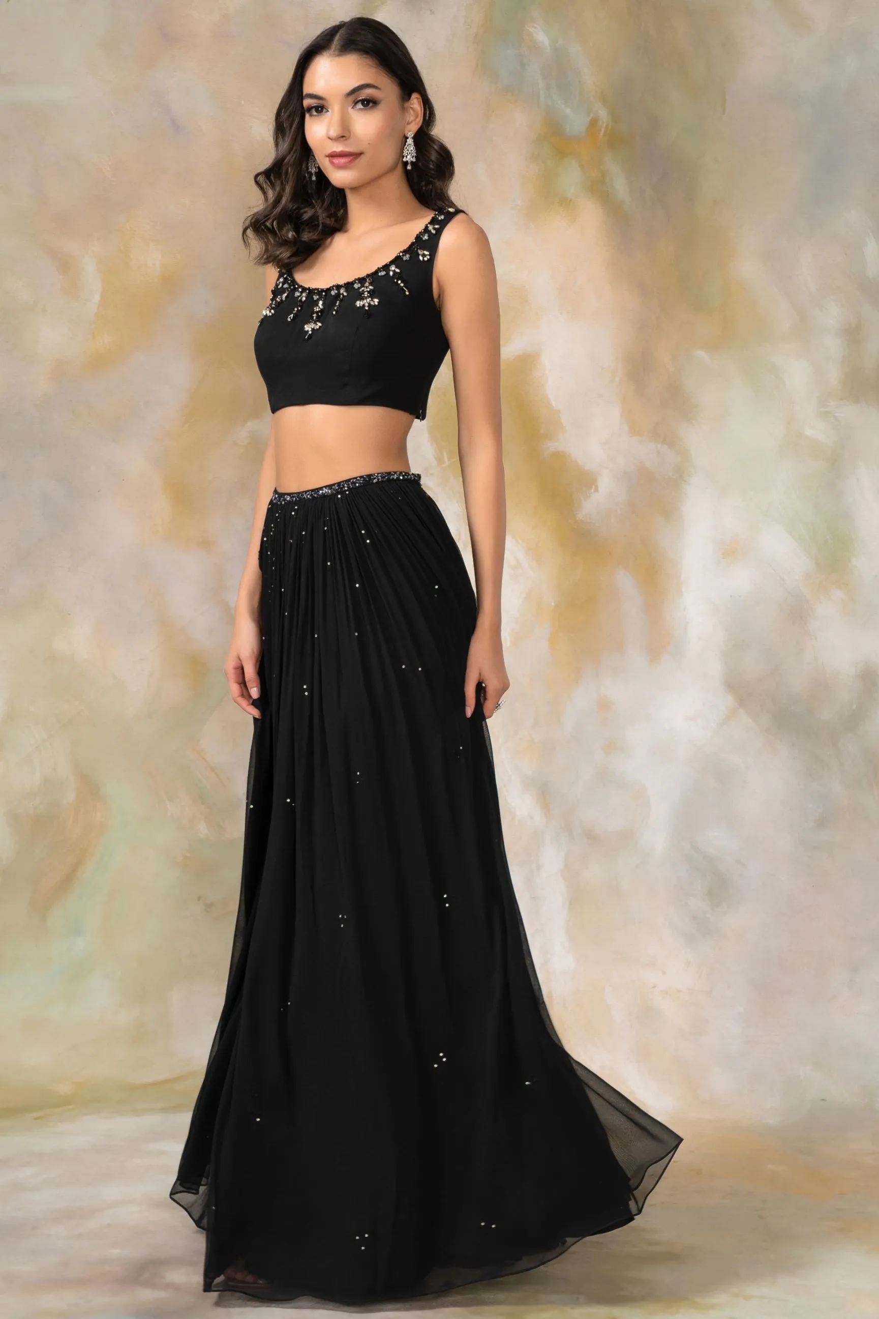 Black crystal embellished lehenga set