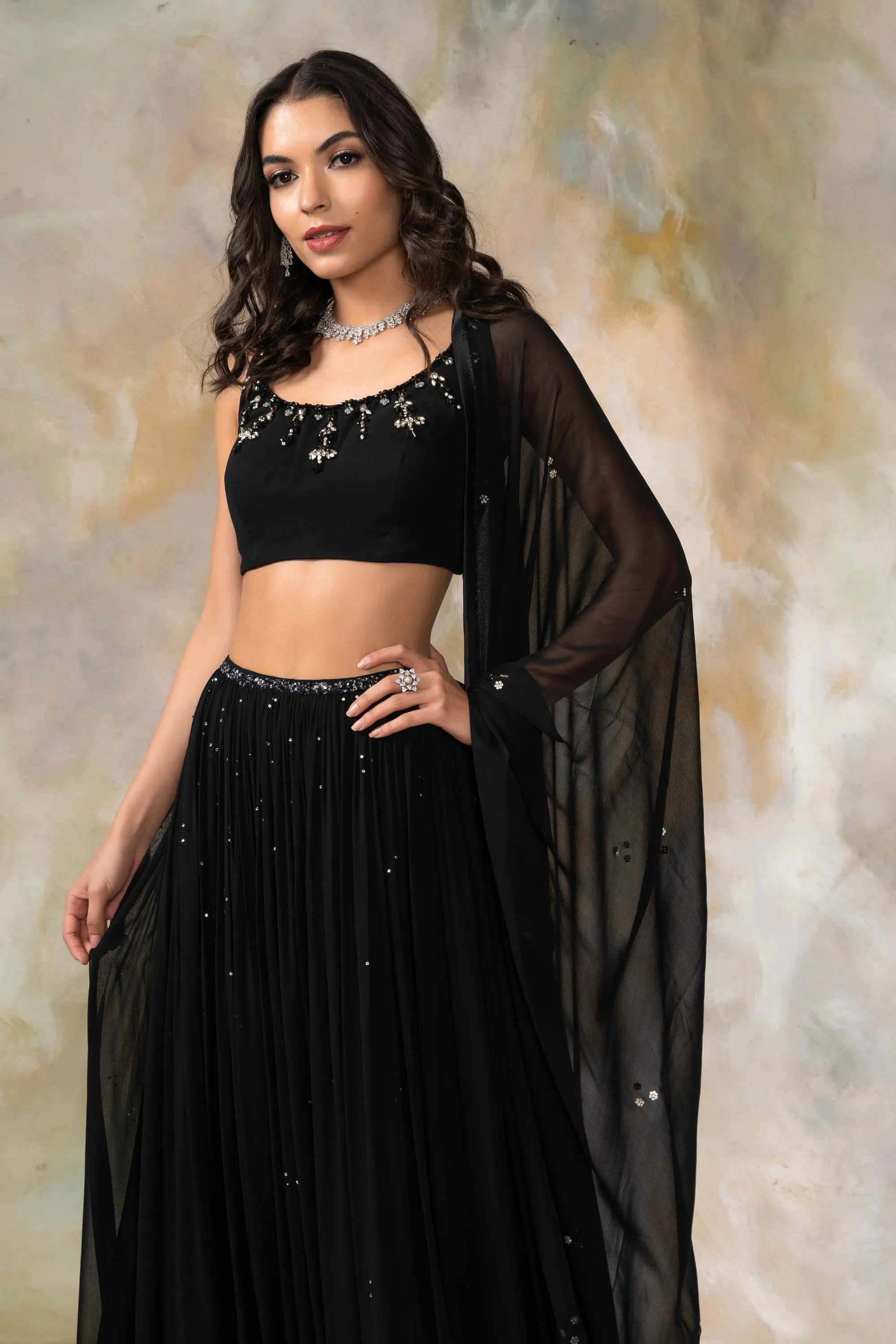 Black crystal embellished lehenga set