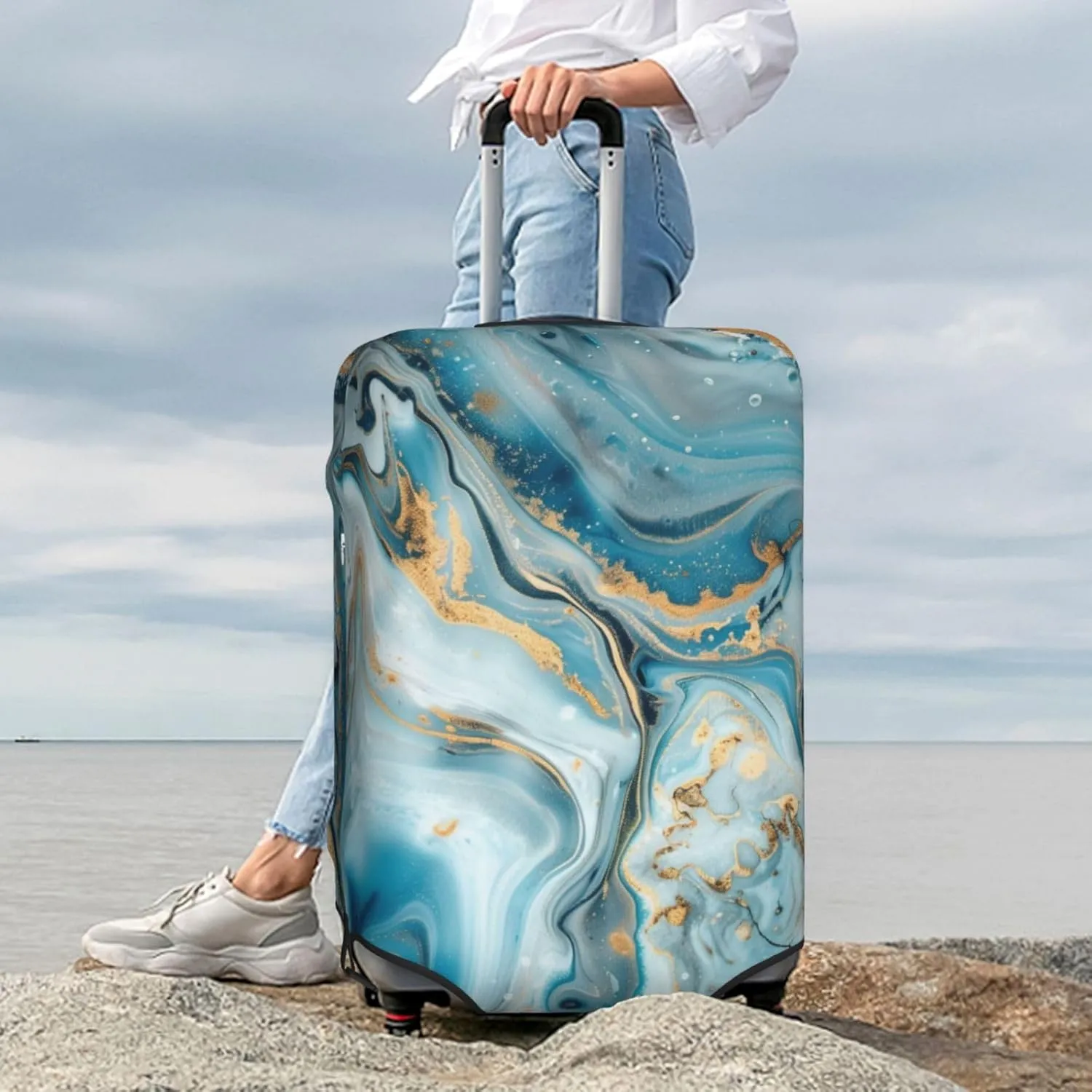 Blue Gold Marble Luggage Cover Washable Elastic Suitcase Cover Anti-Scratch Marble Travel Luggage Protector Covers for Kids Adult XL fits 29-32 inch Suitcase
