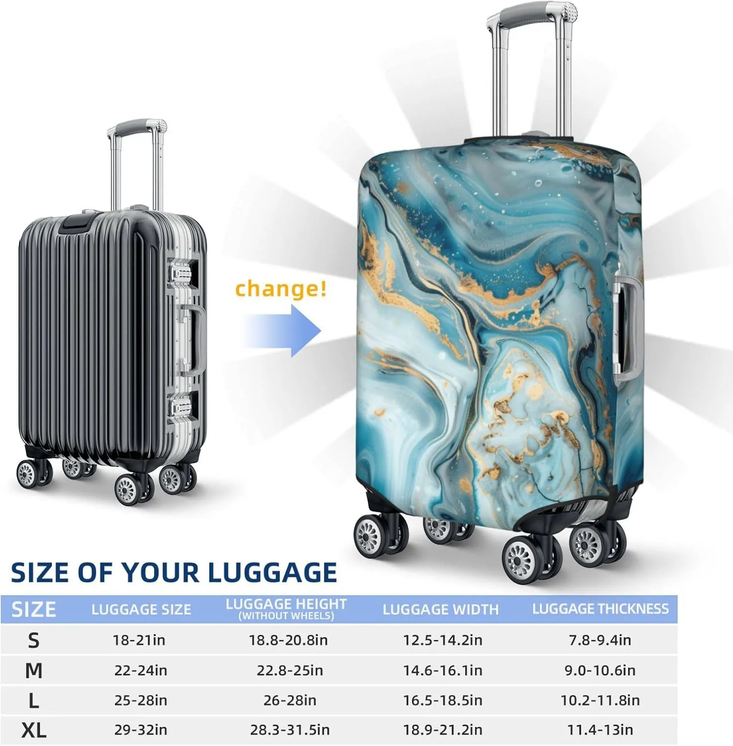 Blue Gold Marble Luggage Cover Washable Elastic Suitcase Cover Anti-Scratch Marble Travel Luggage Protector Covers for Kids Adult XL fits 29-32 inch Suitcase