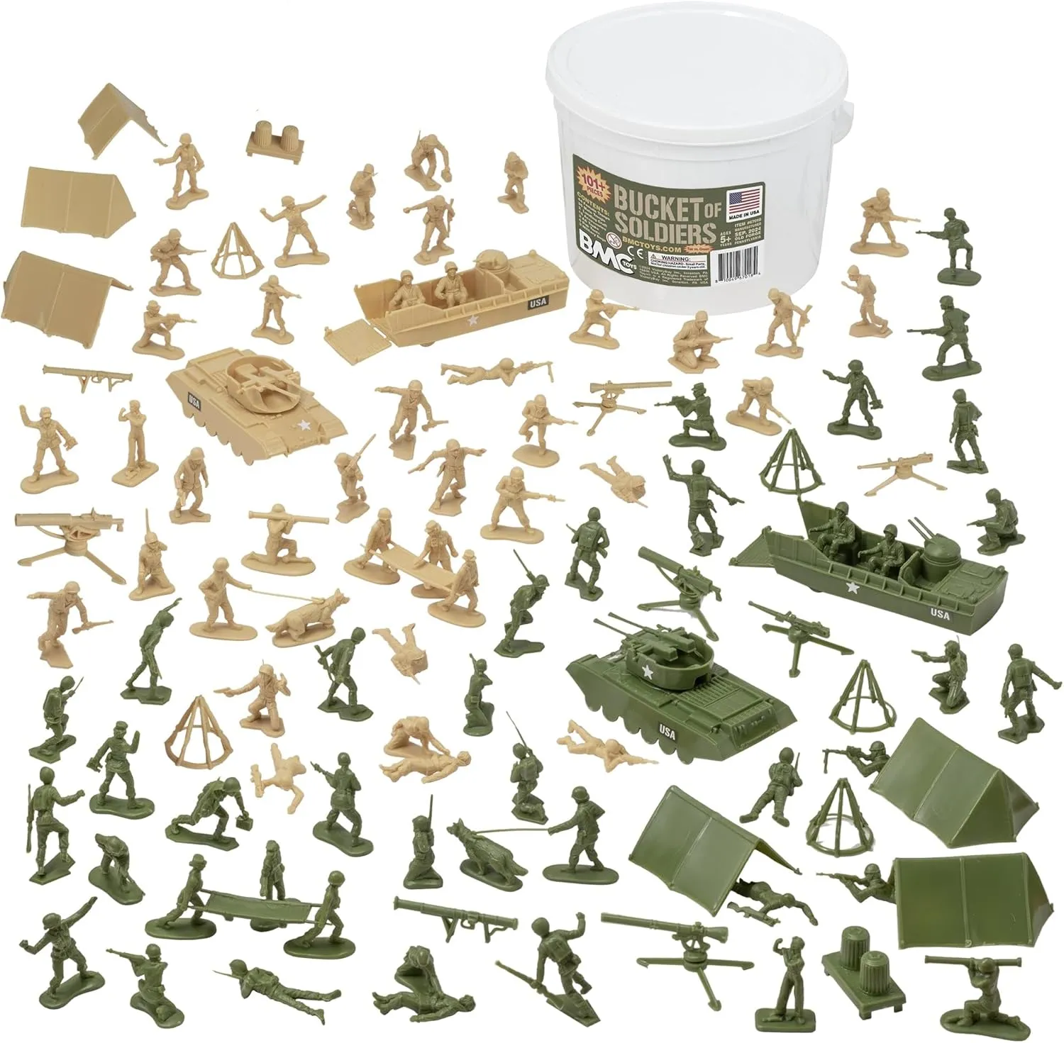 BMC Bucket of Plastic Army People - Tan vs Green 101pc Soldier Playset - US Made