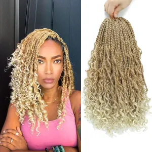 Boho Box Braids Crochet Hair 14 inch 8 Packs Ombre Box Braid Crochet Hair with Curly Ends Goddess Box Braids Crochet Hair Extensions for Black Women(14" 8 Packs, 27/613#)