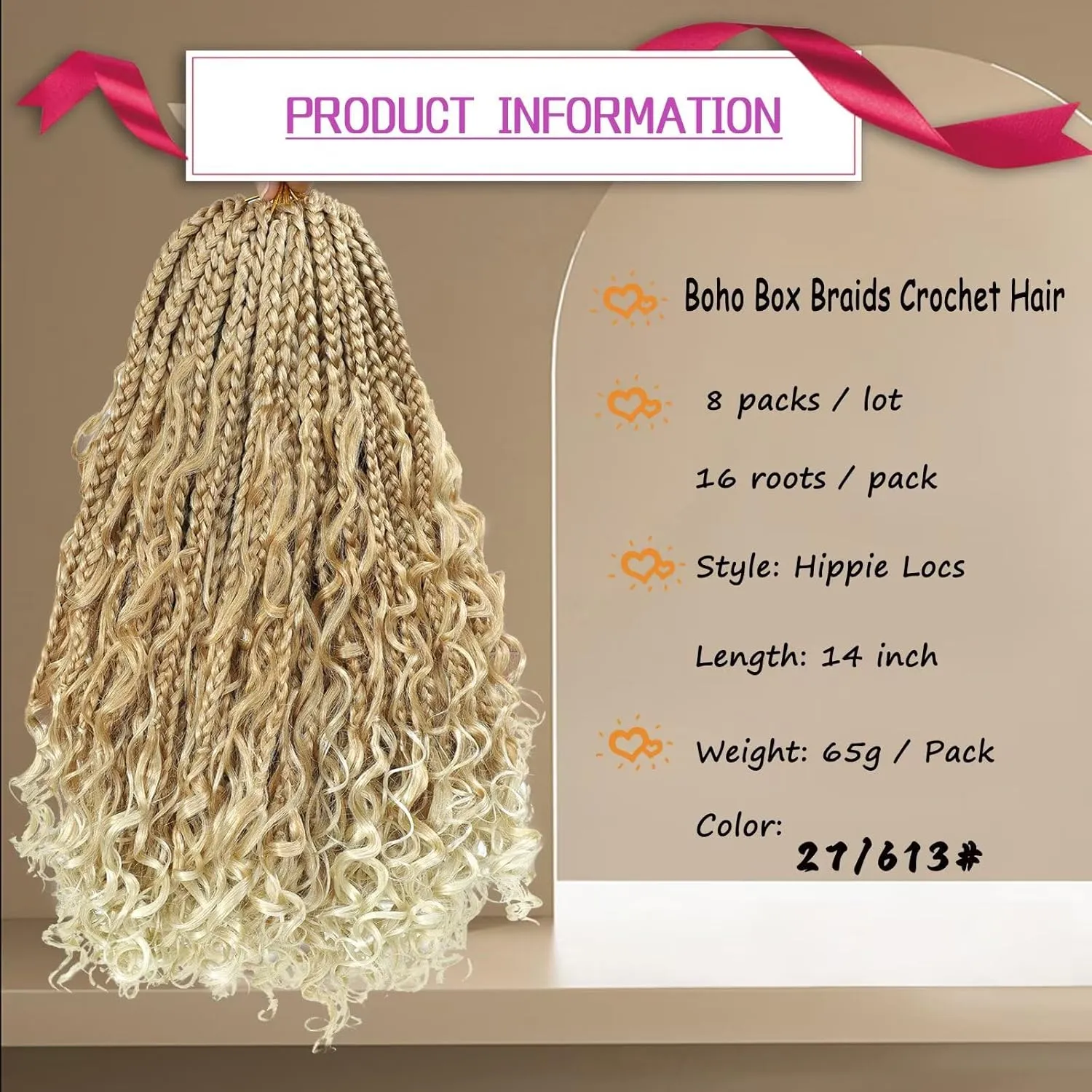 Boho Box Braids Crochet Hair 14 inch 8 Packs Ombre Box Braid Crochet Hair with Curly Ends Goddess Box Braids Crochet Hair Extensions for Black Women(14" 8 Packs, 27/613#)