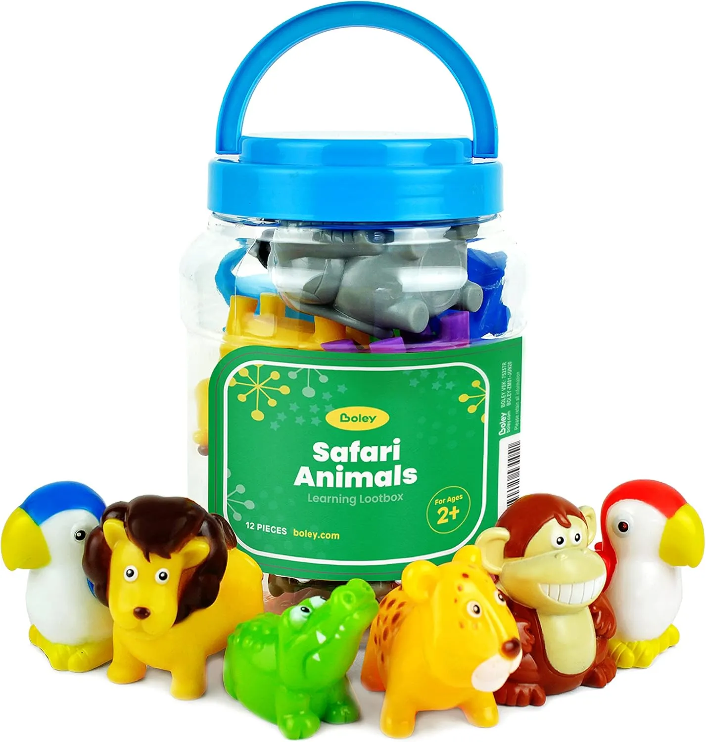 Boley Safari Animals Bath Toy Bucket - 12 Pc Set of Pool & Bath Toys for Toddlers - Educational & Safe Plastic Figures for Ages 2  - Fun and Durable Jungle Animal Playset in Storage Container