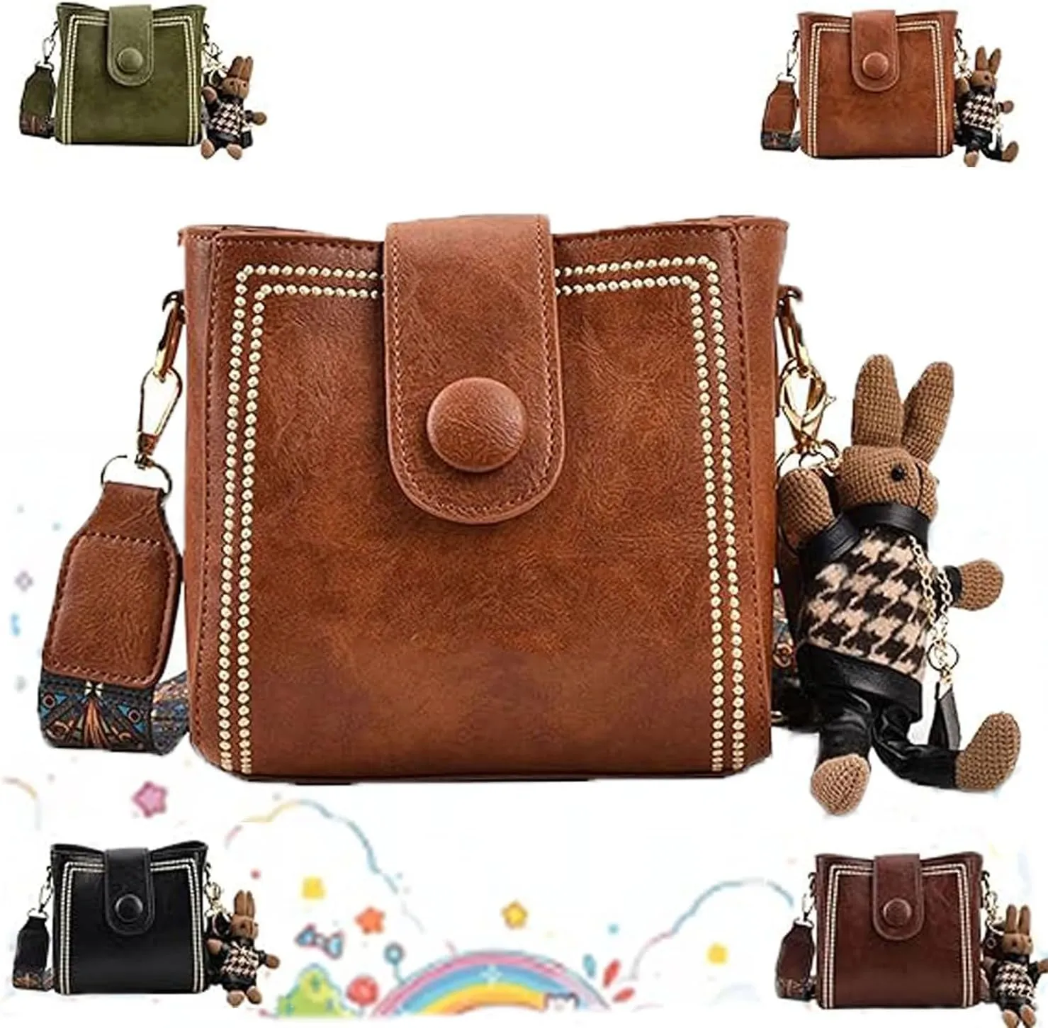 Bootara Bucket Bag - Bootara Women'S Vintage Bunny Charm Bucket Bag, Convertible Shoulder/Crossbody, Spacious Travel Tote