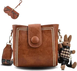 Bootara Bucket Bag, Vintage Fashion Bag with Adjustable Wider Shoulder Strap for Women with Cute Rabbit Pendant