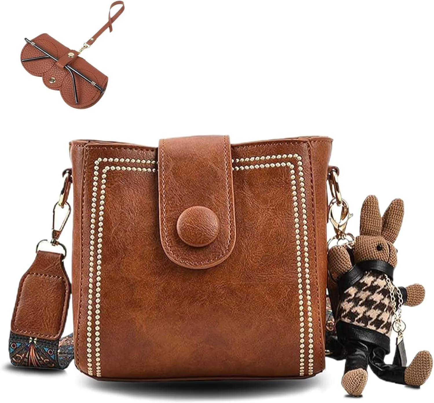 Bootara Bucket Bag, Vintage Fashion Bag with Adjustable Wider Shoulder Strap for Women with Cute Rabbit Pendant
