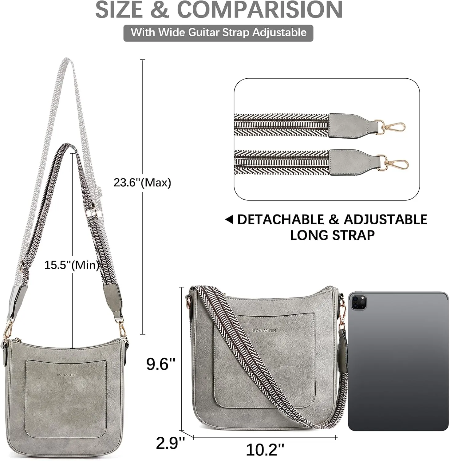 BOSTANTEN Crossbody Bags for Women Trendy Vegan Leather Hobo Handbags Fashion Shoulder Purse with Adjustable Guitar Strap