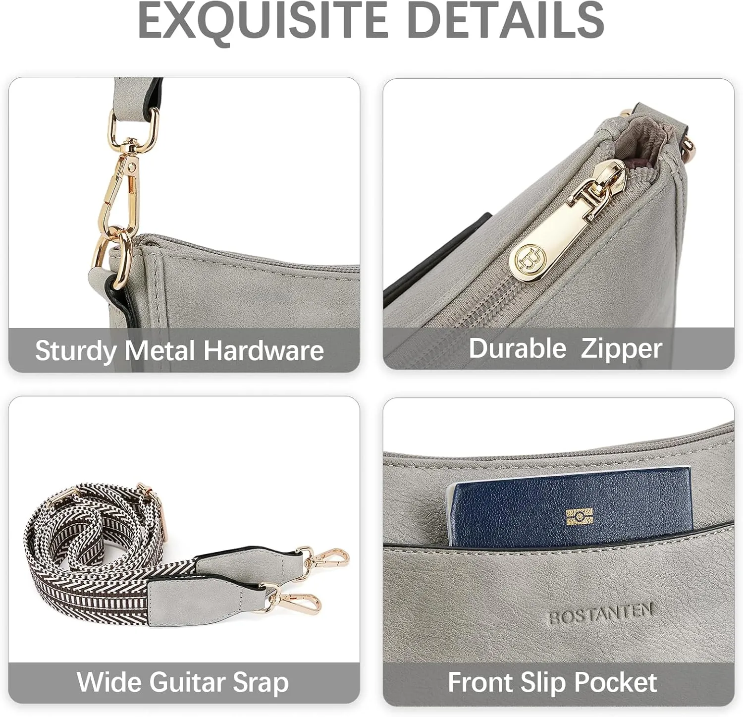 BOSTANTEN Crossbody Bags for Women Trendy Vegan Leather Hobo Handbags Fashion Shoulder Purse with Adjustable Guitar Strap