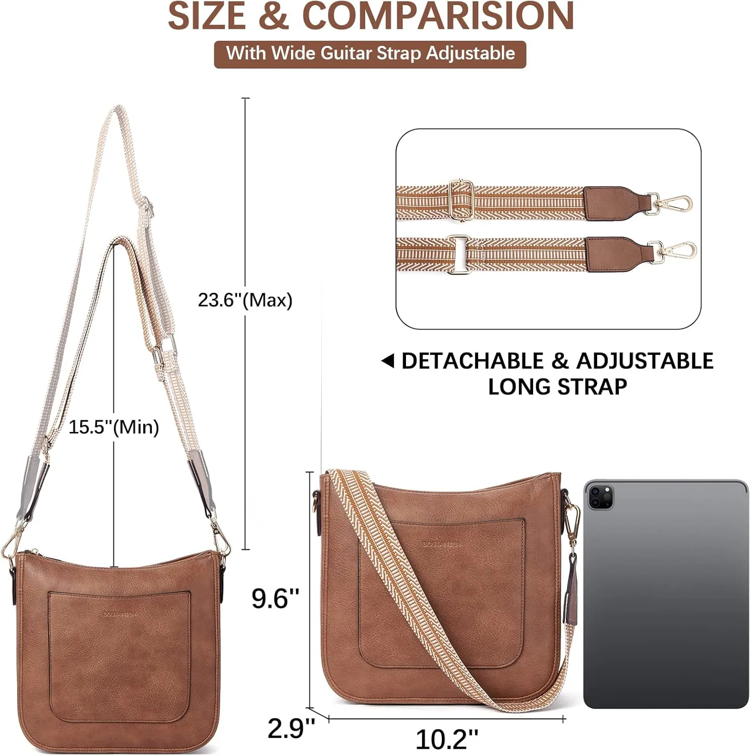 BOSTANTEN Crossbody Bags for Women Trendy Vegan Leather Hobo Handbags Fashion Shoulder Purse with Adjustable Guitar Strap
