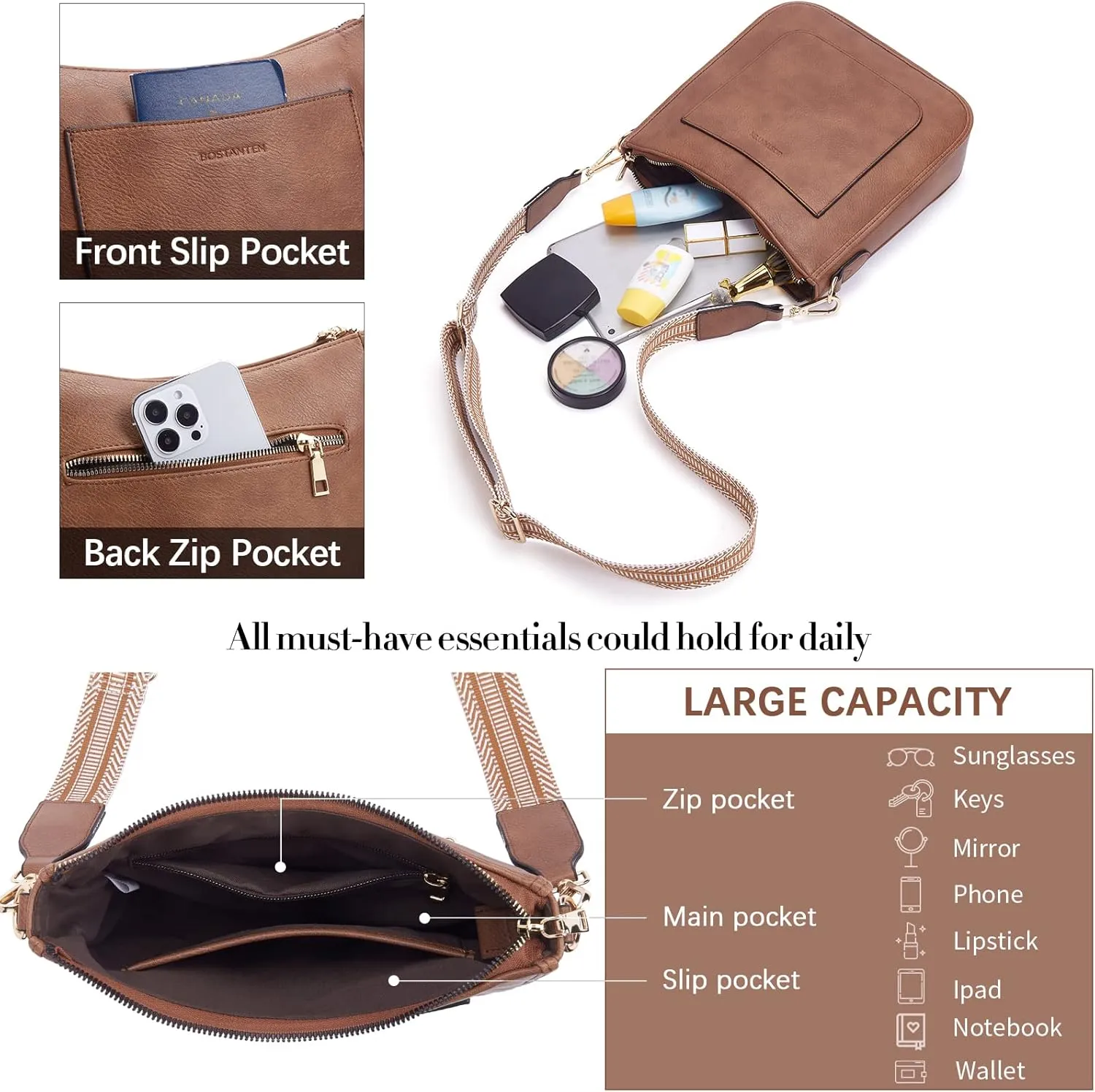 BOSTANTEN Crossbody Bags for Women Trendy Vegan Leather Hobo Handbags Fashion Shoulder Purse with Adjustable Guitar Strap