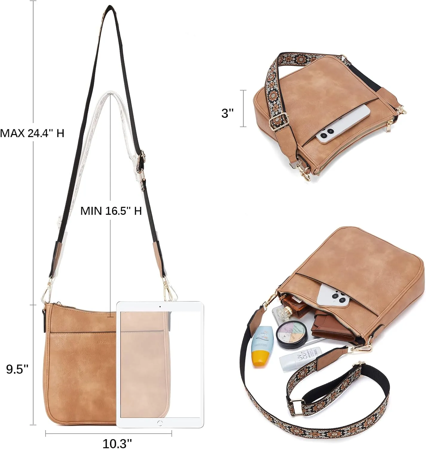 BOSTANTEN Crossbody Bags for Women Trendy Vegan Leather Hobo Purses Shoulder Handbags With Wide Shoulder Strap