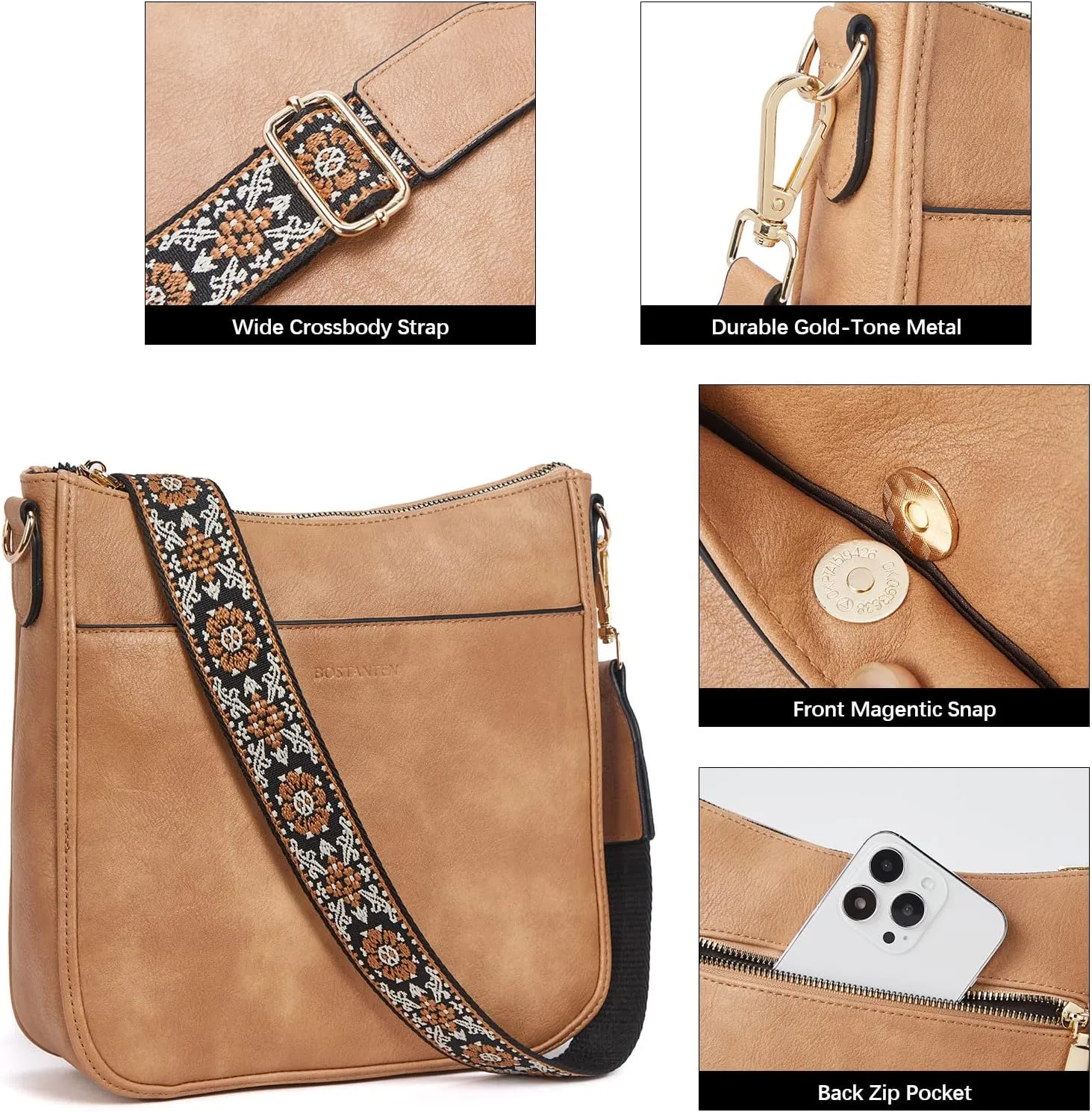 BOSTANTEN Crossbody Bags for Women Trendy Vegan Leather Hobo Purses Shoulder Handbags With Wide Shoulder Strap