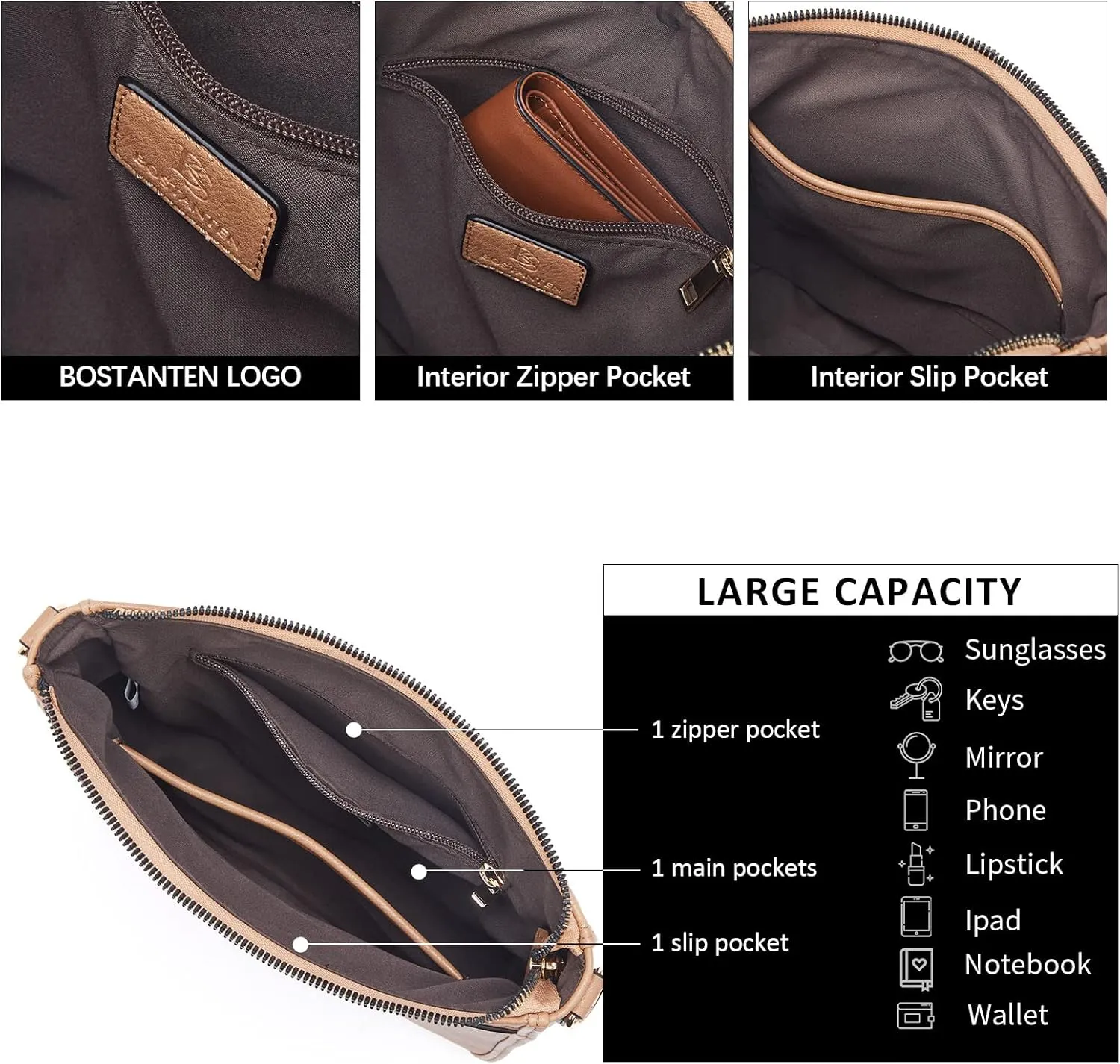 BOSTANTEN Crossbody Bags for Women Trendy Vegan Leather Hobo Purses Shoulder Handbags With Wide Shoulder Strap