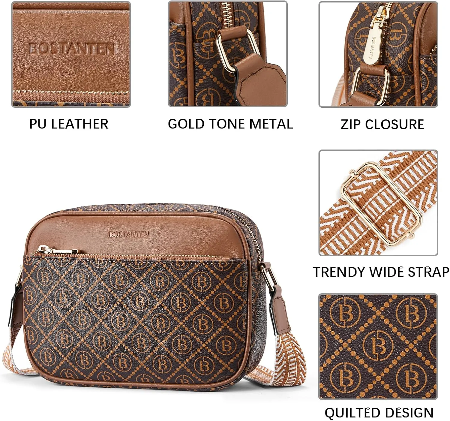 BOSTANTEN Quilted Crossbody Bags for Women Vegan Leather Purses Small Shoulder Handbags with Wide Strap