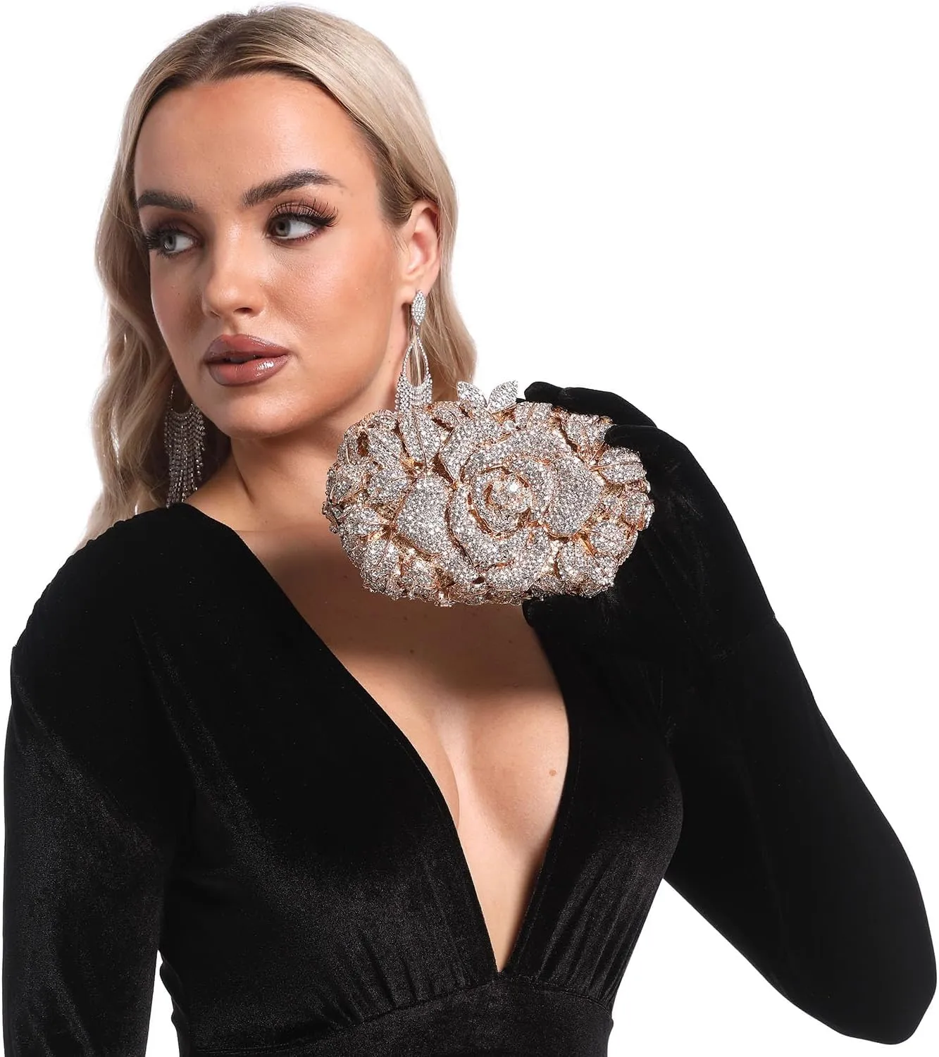 Boutique De FGG Flower Evening Bags for Women Wedding Handbags Crystal Clutch Purse Prom Rose Rhinestone Clutch Purses,Mini