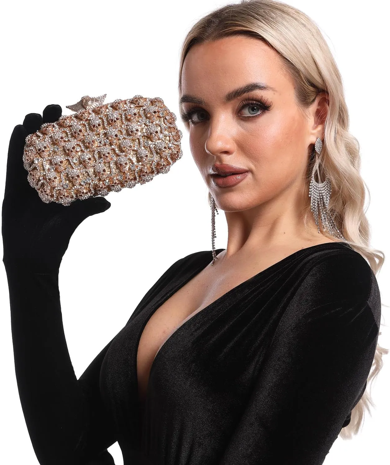 Boutique De FGG Skull Crystal Clutch Purse for Women Formal Rhinestone Clutch Evening Bag Halloween Minaudiere Handbag,Mini