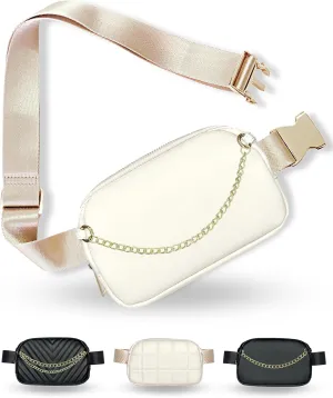 Boutique Luxury Chain Belt Bag | Crossbody Bag Leather Fanny Pack for Women Fashionable | Cute Everywhere Hip Waist Designer Pack | Small Travel Fashion Chest Bag (Extended Strap, Cream | Saffiano)