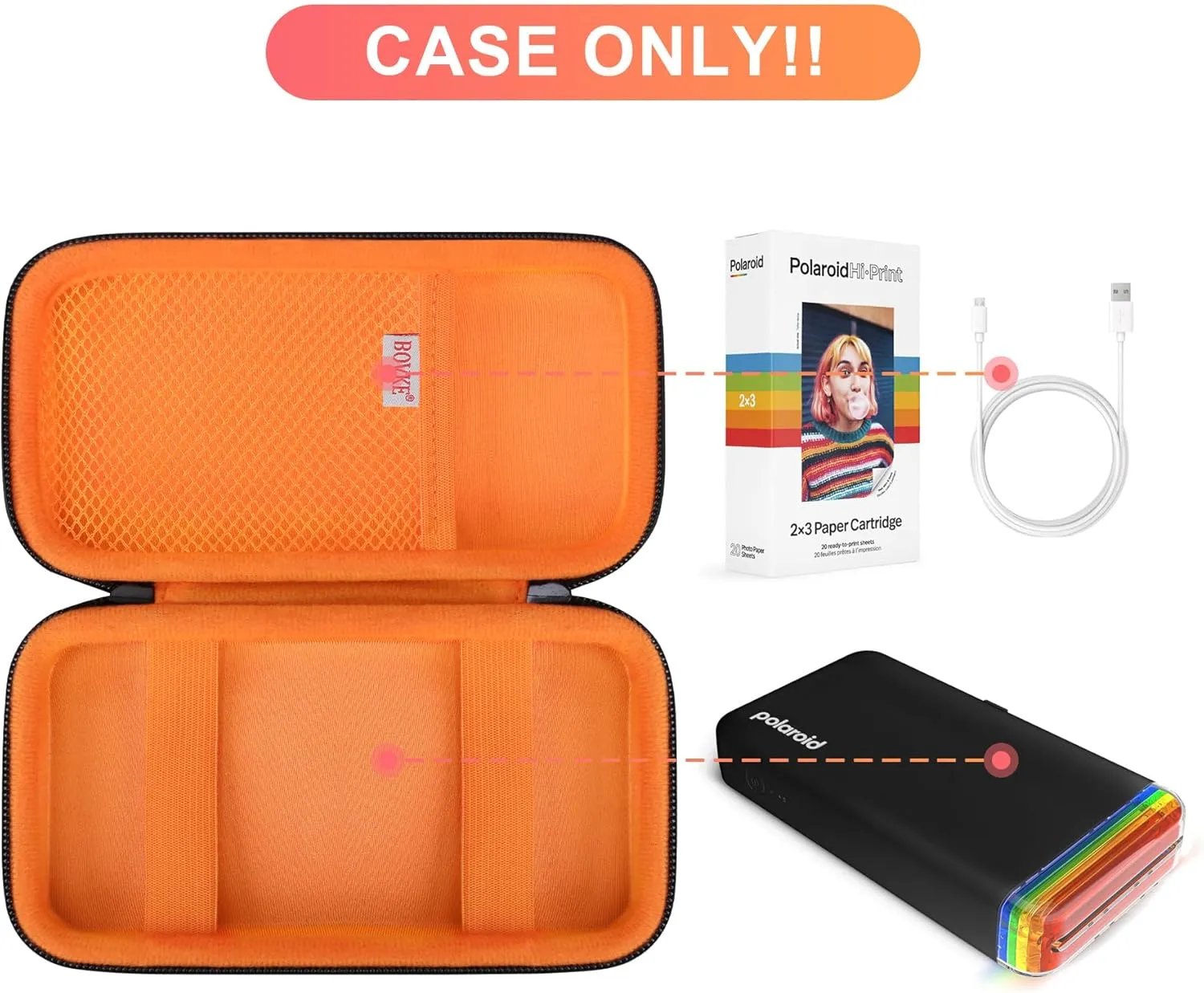 BOVKE Carrying Case for Polaroid Hi-Print 2nd Generation Bluetooth Connected 2x3 Pocket Photo Dye-Sub Printer, Mesh Pocket for Polaroid Hi-Print Paper - 2x3 Paper Cartridges and Cables, Black
