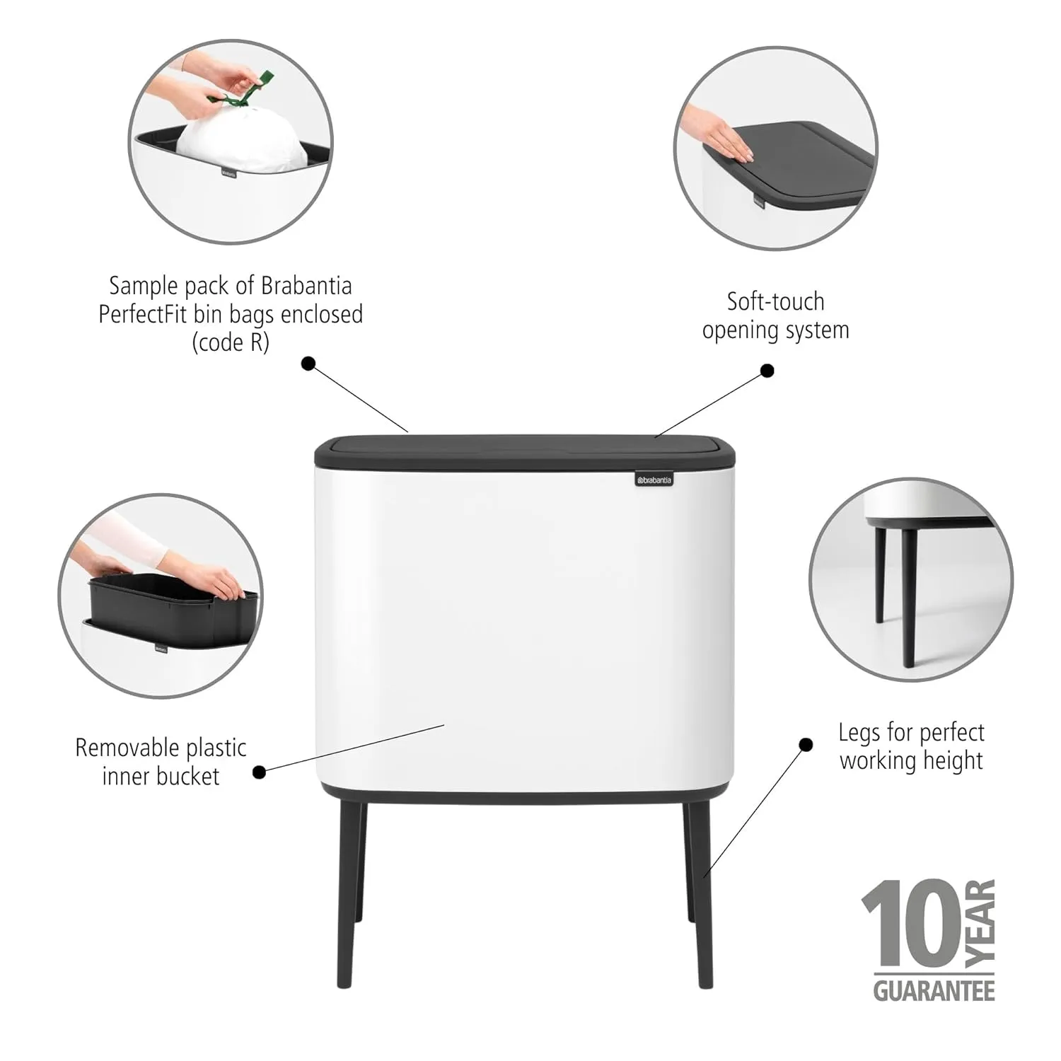Brabantia Bo Trash Can - 1 x 9.5 Gal Inner Bucket (White) Waste/Recycling Garbage Can, Removable Compartment   Free Bags