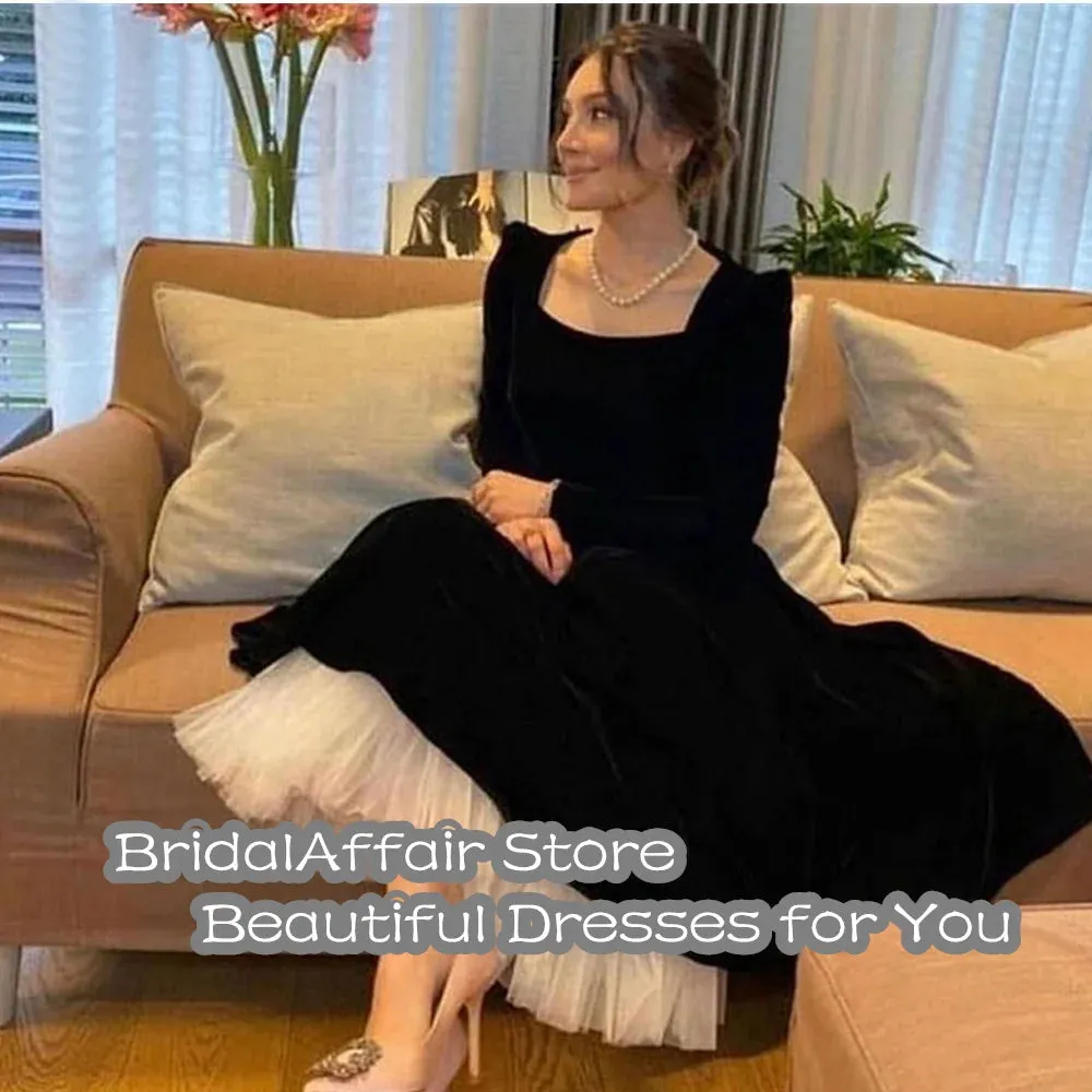 BridalAffair Modest Black Velvet Evening Dress