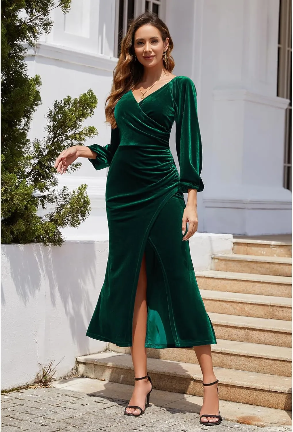 Bridesmay Women's Wrap V Neck Velvet Long Sleeve Dress Ruched Split Bodycon Elegant Maxi Long Cocktail Party Dresses…