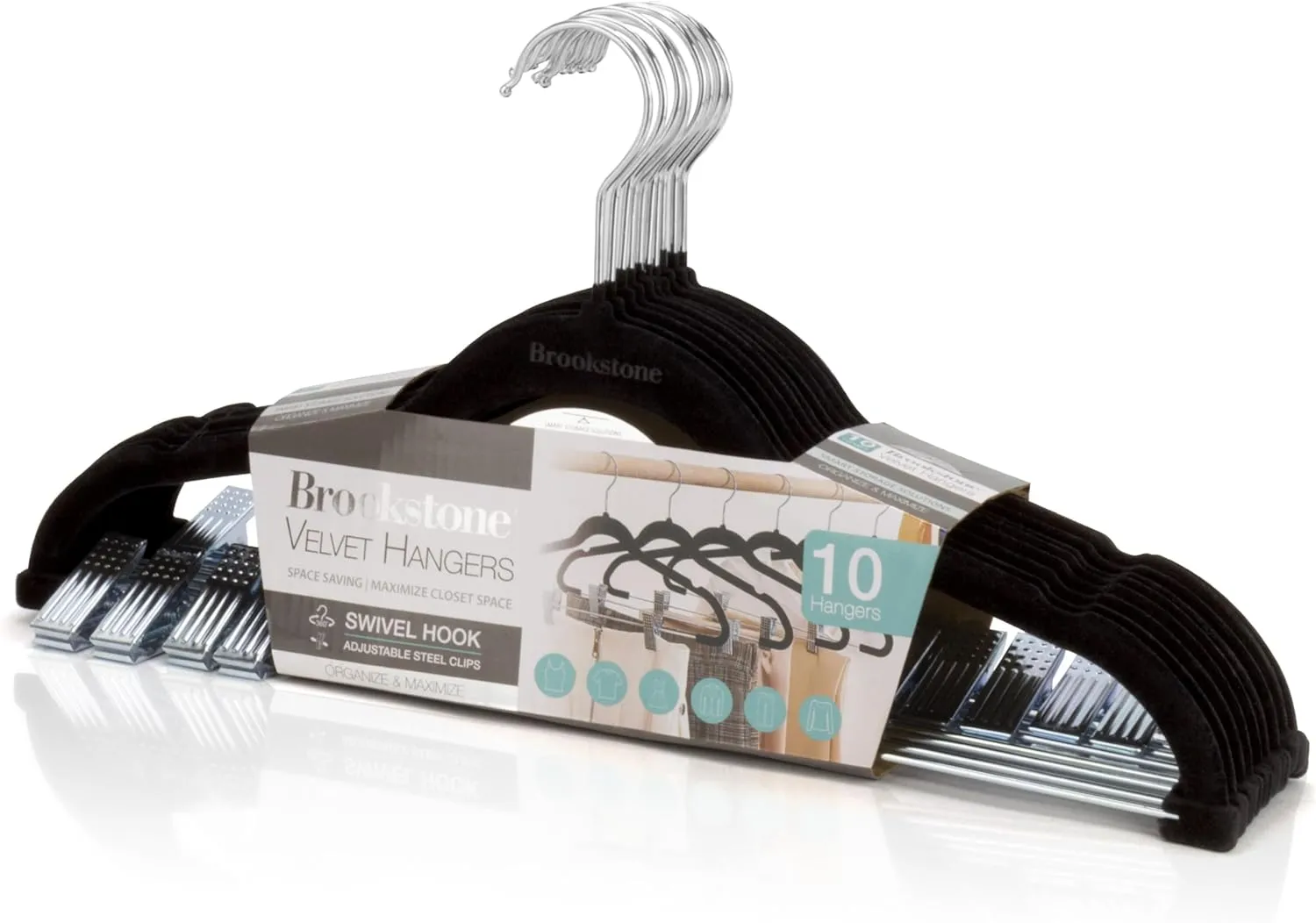 Brookstone BKH1293, 10 Pack Non-Slip Velvet Hangers with Clips, 360° Swivel Hook, Lightweight & Slim, Strong & Durable, Space Saving Design, Heavy Duty, Won’t Stain Fabric, Black, 10 Count