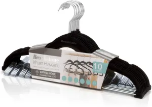 Brookstone BKH1293, 10 Pack Non-Slip Velvet Hangers with Clips, 360° Swivel Hook, Lightweight & Slim, Strong & Durable, Space Saving Design, Heavy Duty, Won’t Stain Fabric, Black, 10 Count