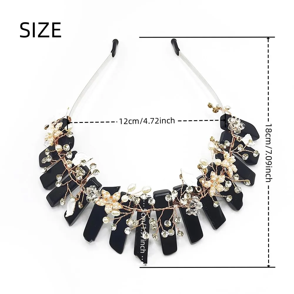Bubbmi Obsidian Raw Crystal Headband with Pearl Flowers, Black Quart Rhinestone Tiara Crown Headpiece for Women Girls (BLACK)