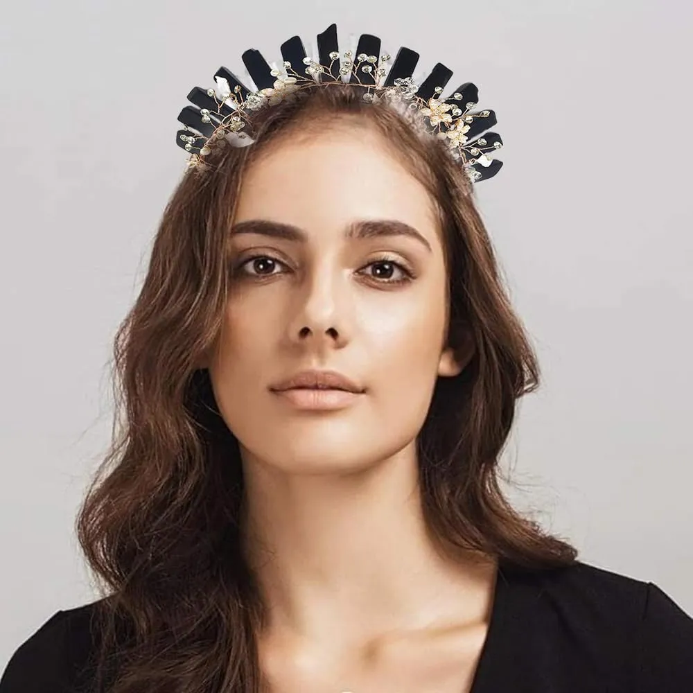 Bubbmi Obsidian Raw Crystal Headband with Pearl Flowers, Black Quart Rhinestone Tiara Crown Headpiece for Women Girls (BLACK)