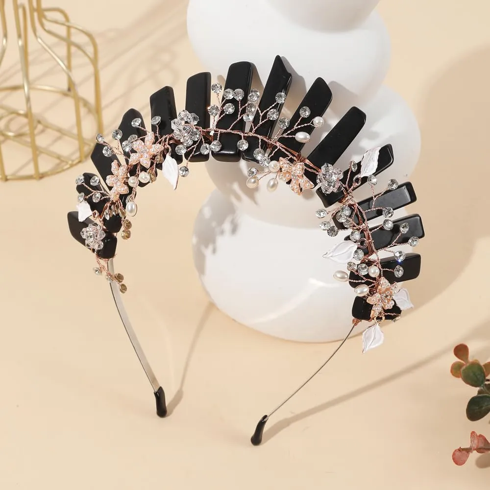 Bubbmi Obsidian Raw Crystal Headband with Pearl Flowers, Black Quart Rhinestone Tiara Crown Headpiece for Women Girls (BLACK)