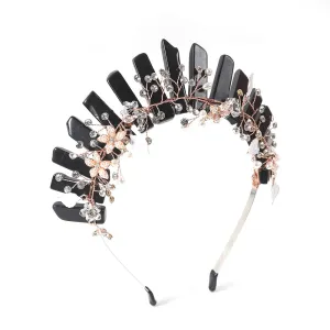 Bubbmi Obsidian Raw Crystal Headband with Pearl Flowers, Black Quart Rhinestone Tiara Crown Headpiece for Women Girls (BLACK)