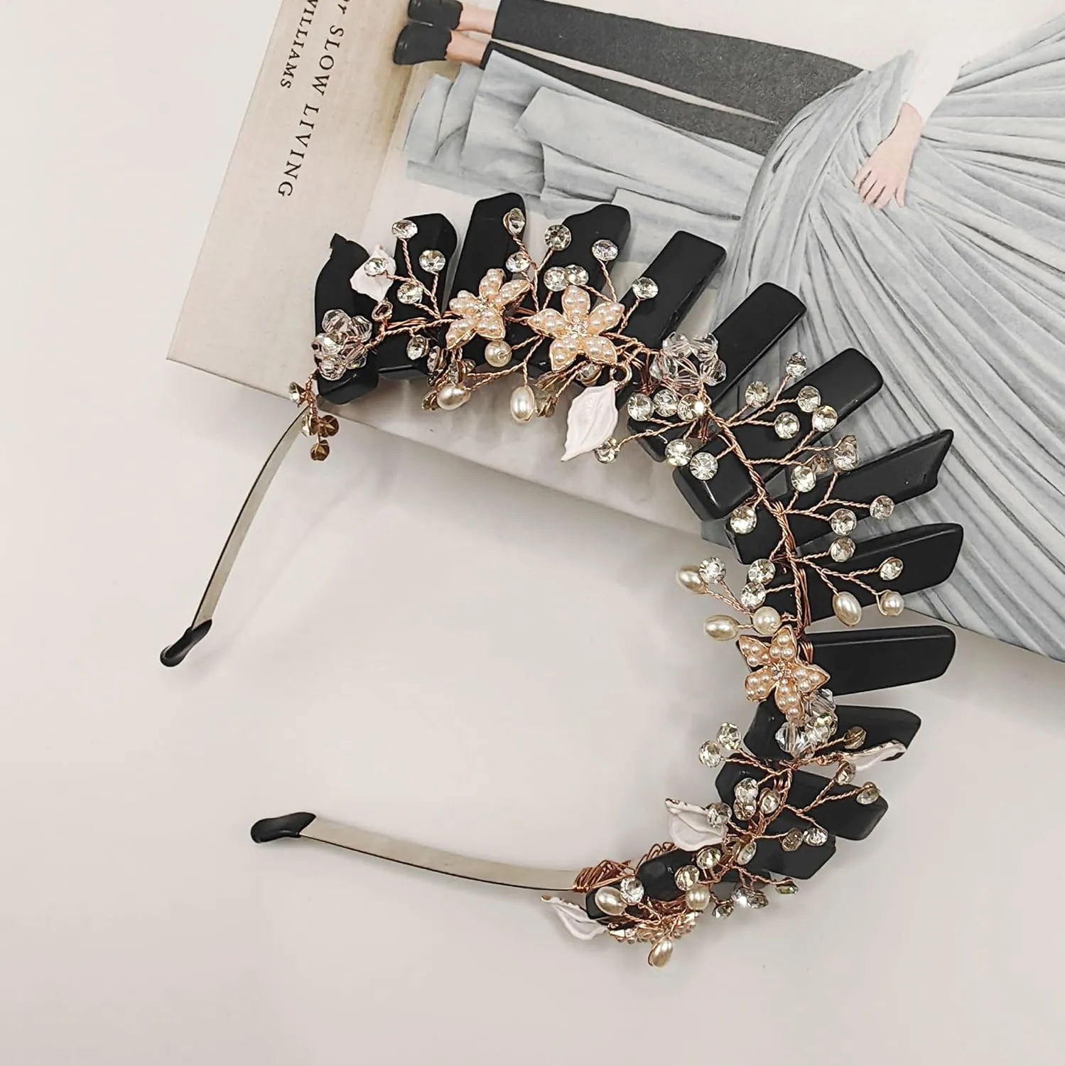 Bubbmi Obsidian Raw Crystal Headband with Pearl Flowers, Black Quart Rhinestone Tiara Crown Headpiece for Women Girls (BLACK)