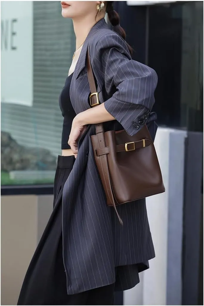 Bucket Bag for Women Stylish Shoulder Bag Genuine Leather Crossbody Bag Trendy Purse with Zipper Closure