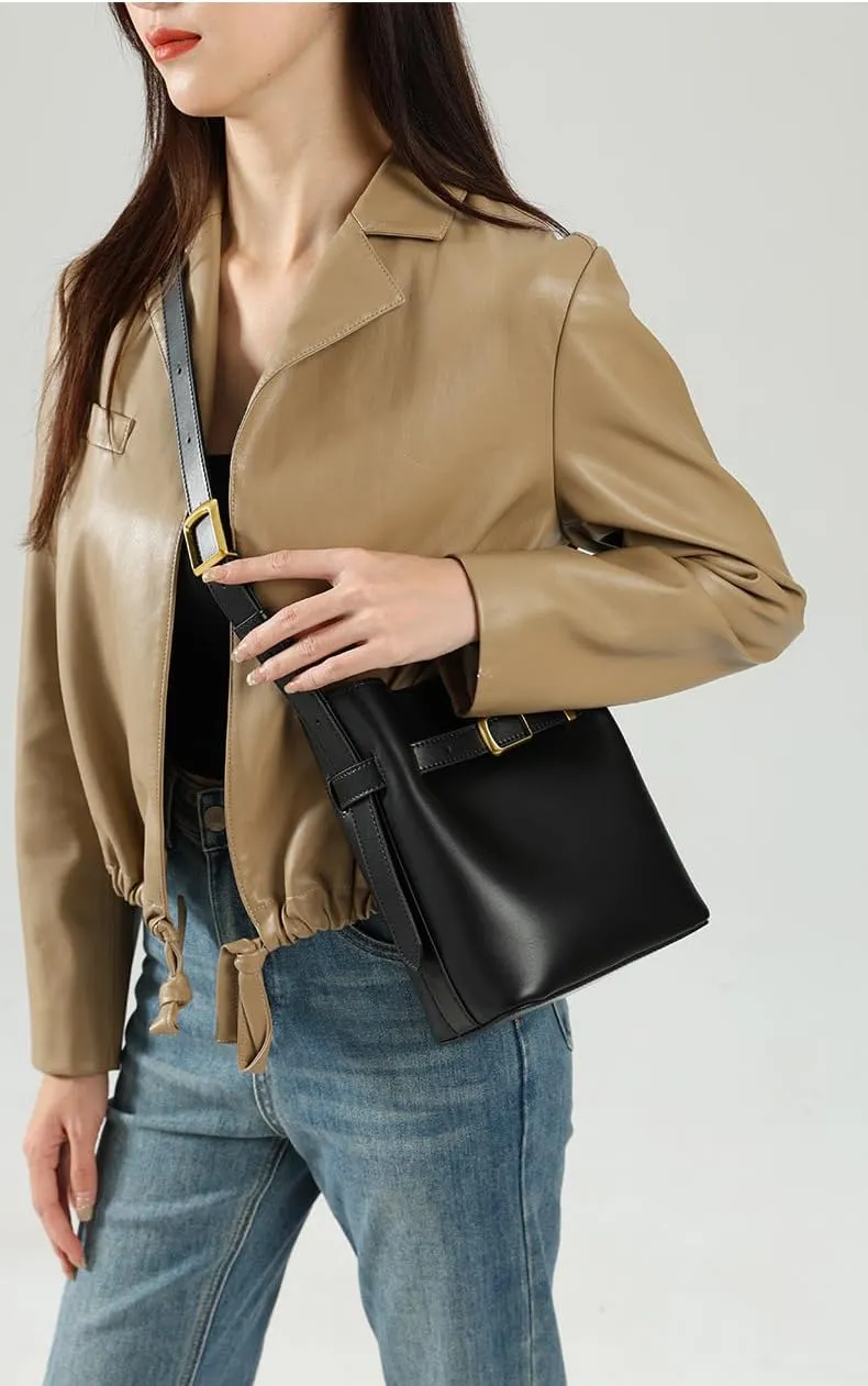 Bucket Bag for Women Stylish Shoulder Bag Genuine Leather Crossbody Bag Trendy Purse with Zipper Closure