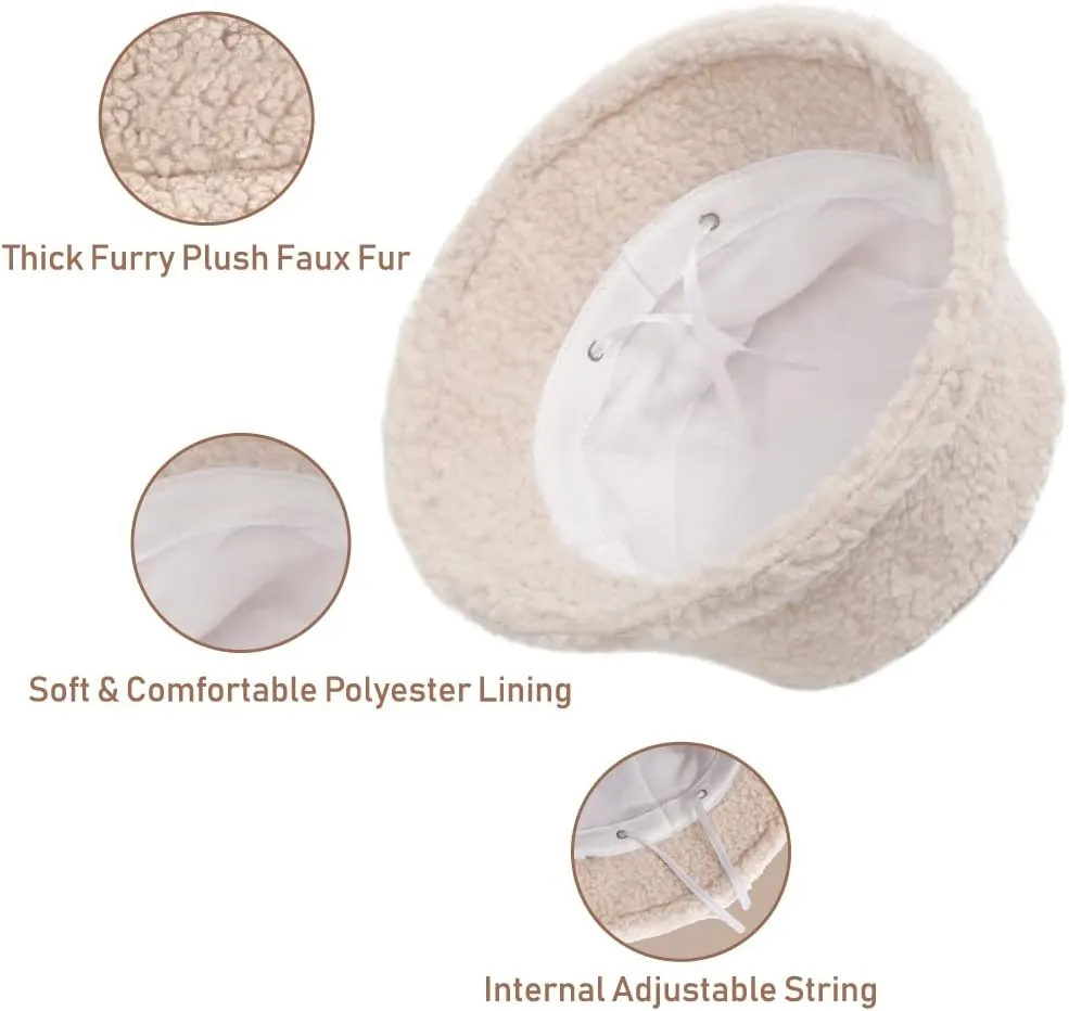 Bucket Hat Women Furry Fuzzy Bucket Hats for Ladies, Winter Warm Fluffy Plush Faux Fur Hat for Women