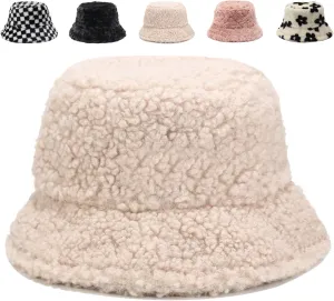 Bucket Hat Women Furry Fuzzy Bucket Hats for Ladies, Winter Warm Fluffy Plush Faux Fur Hat for Women
