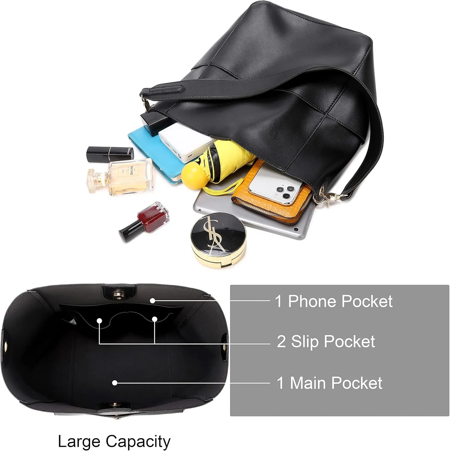 Bucket Purses for Women Designer PU Leather Bucket Bags With 2 Adjustable Guitar Strap Hobo Bags for Women