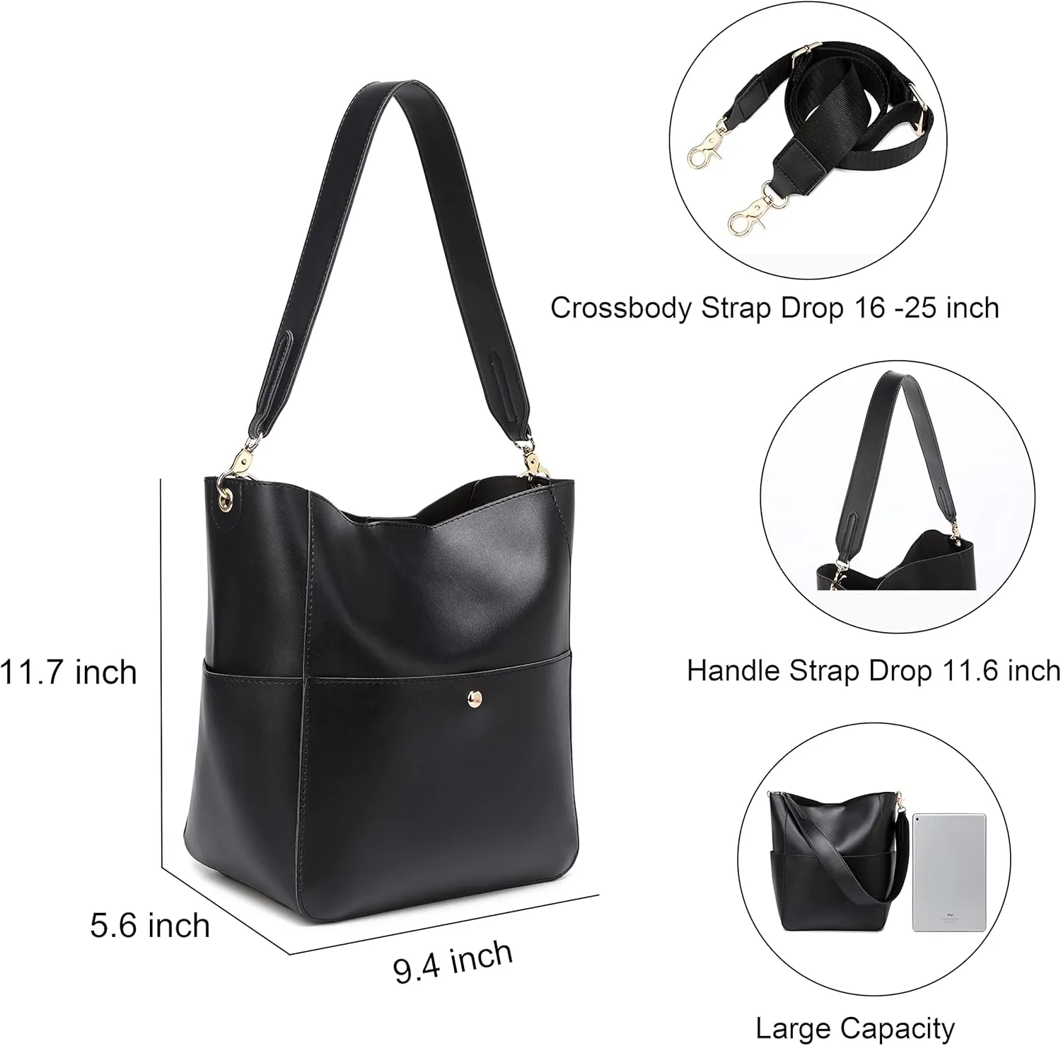 Bucket Purses for Women Designer PU Leather Bucket Bags With 2 Adjustable Guitar Strap Hobo Bags for Women