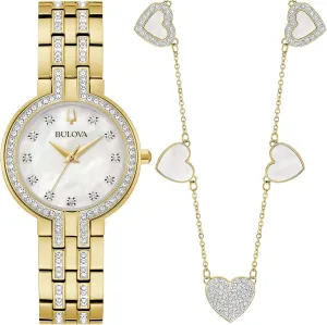 Bulova-Ladies' Crystal Gold-Tone Stainless Steel Box Set with White Mother-of-Pearl Dial 3-Hand Quartz-Watch and MOP Crystal Accent Hearts Pendant-Necklace, 30mm Style:98X138