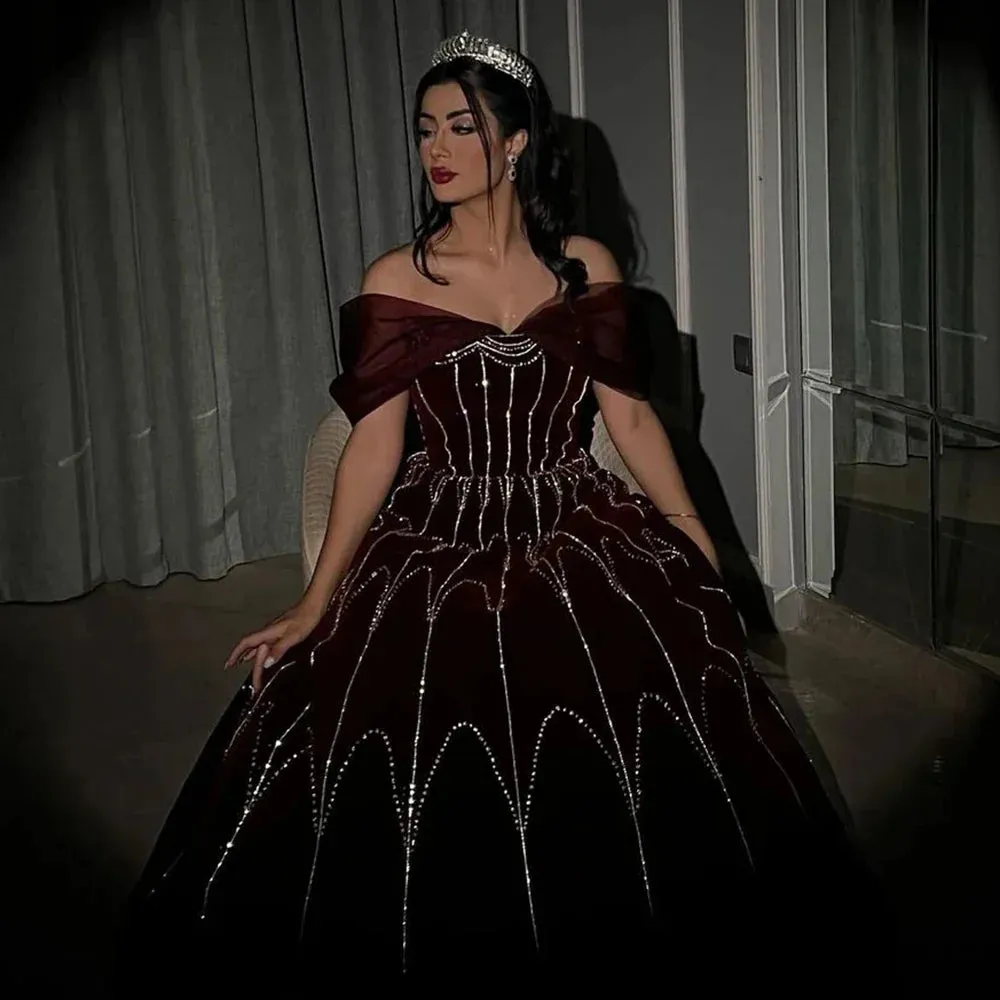 Burgundy Velvet Ball Gown Crystal Evening Dress