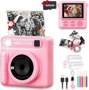 Camera for Kids Instant Print,Portable Camera with 32G Card & 1080p Video,Print Paper,Instant Print Camera with Color Pens for DIY,Over 3 Years Old for Boys Girls for Teen Girls