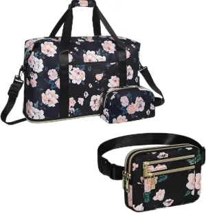 Capolo Expandable Travel Duffle Bag With Toiletry Bag   Matching Fanny Packs (Black Flower)